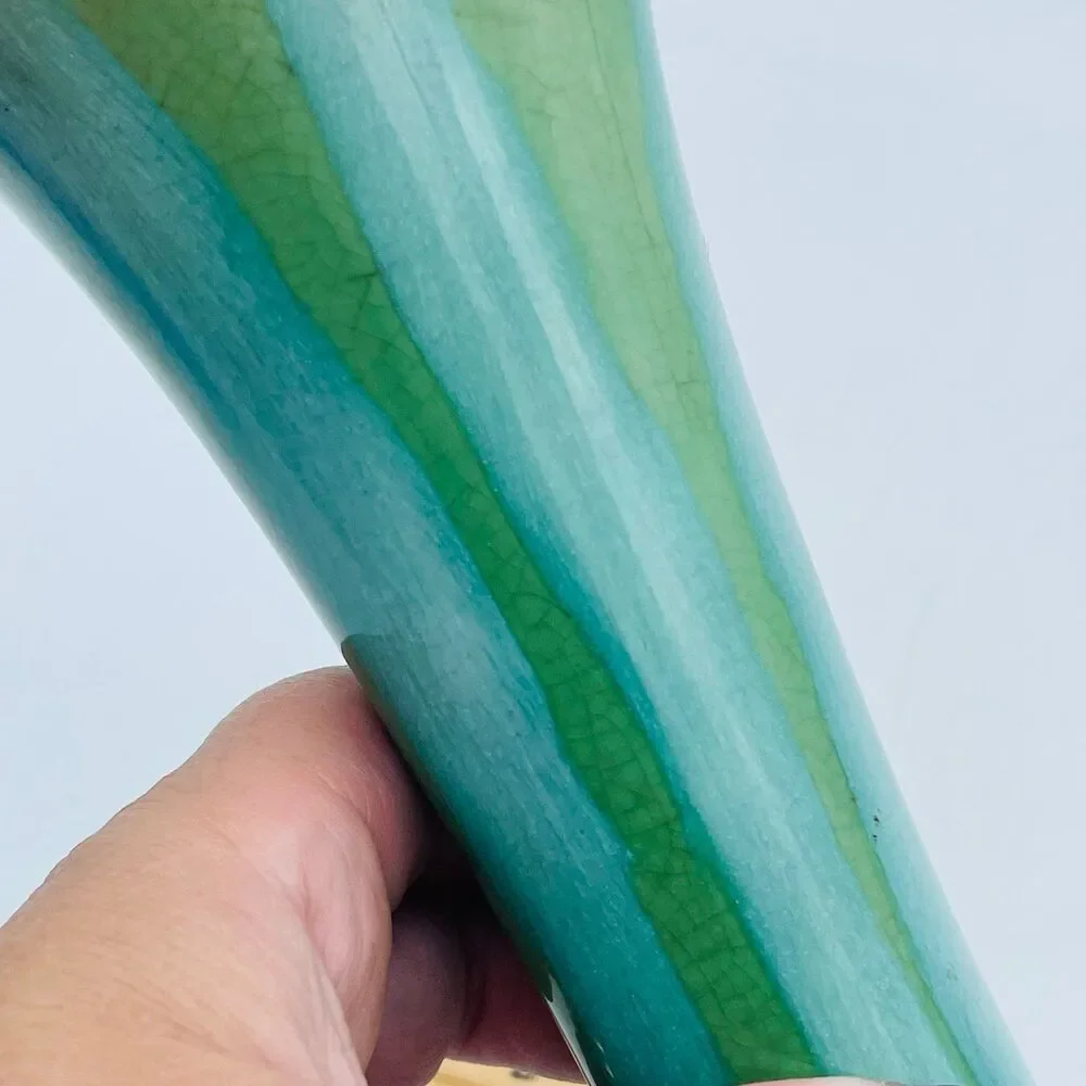 Vintage Blue Green Teal Drip Glazed Flare Top Vase 7” Marked X on Bottom